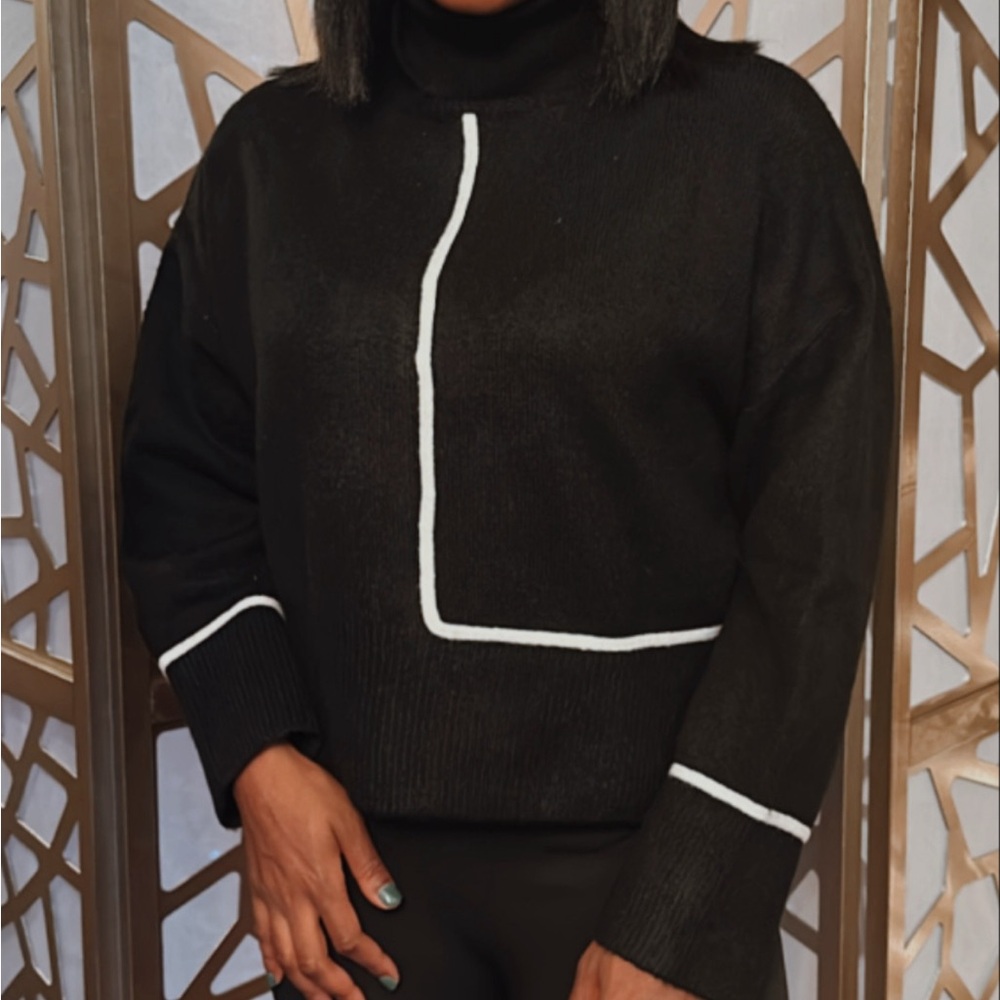 Black Turtleneck Sweater with White Trim